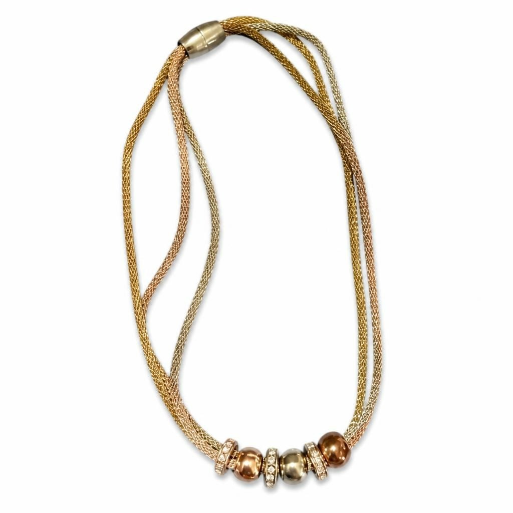 Tri-tone mesh double-strand bracelet with bead charms - white studio shot, second-hand at Why Go Less, Dekwaneh, Lebanon