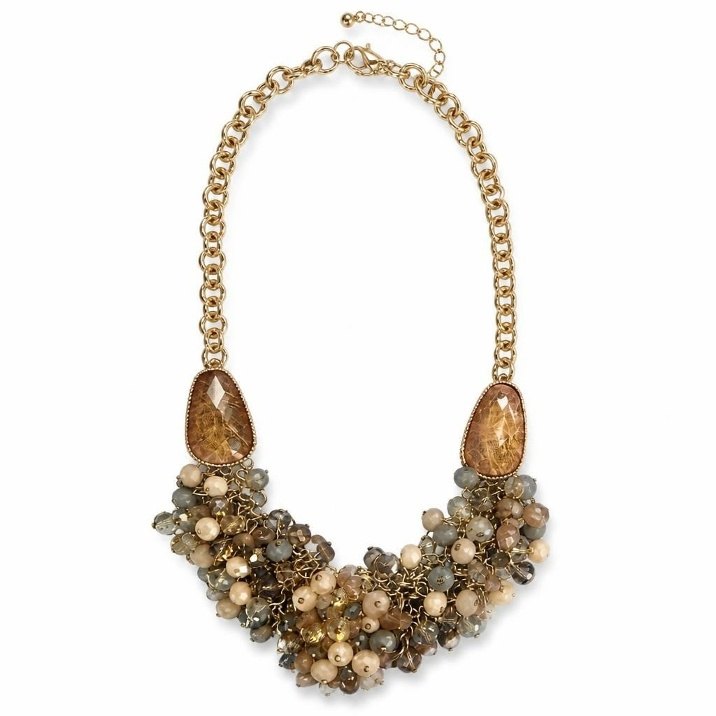 Gold chain bib necklace with crystal & stone clusters - white studio shot, second-hand at Why Go Less, Dekwaneh, Lebanon