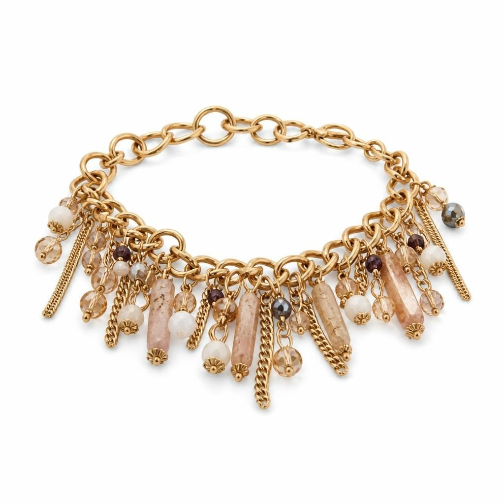 Gold charm bracelet with beads & stone pendants - white studio shot, second-hand at Why Go Less, Dekwaneh, Lebanon