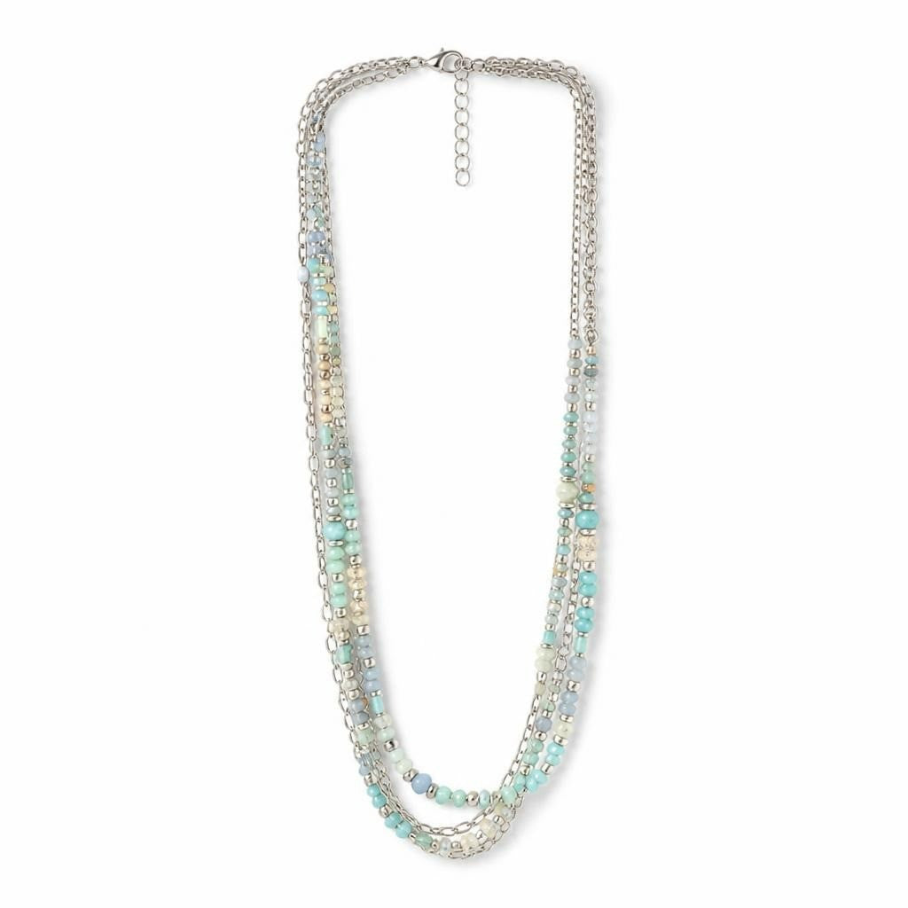 Silver multi-strand necklace teal & blue beads - white studio shot, second-hand at Why Go Less, Dekwaneh, Lebanon