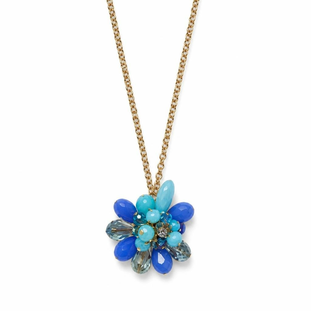 Gold chain necklace blue flower bead pendant - white studio shot, second-hand at Why Go Less, Dekwaneh, Lebanon