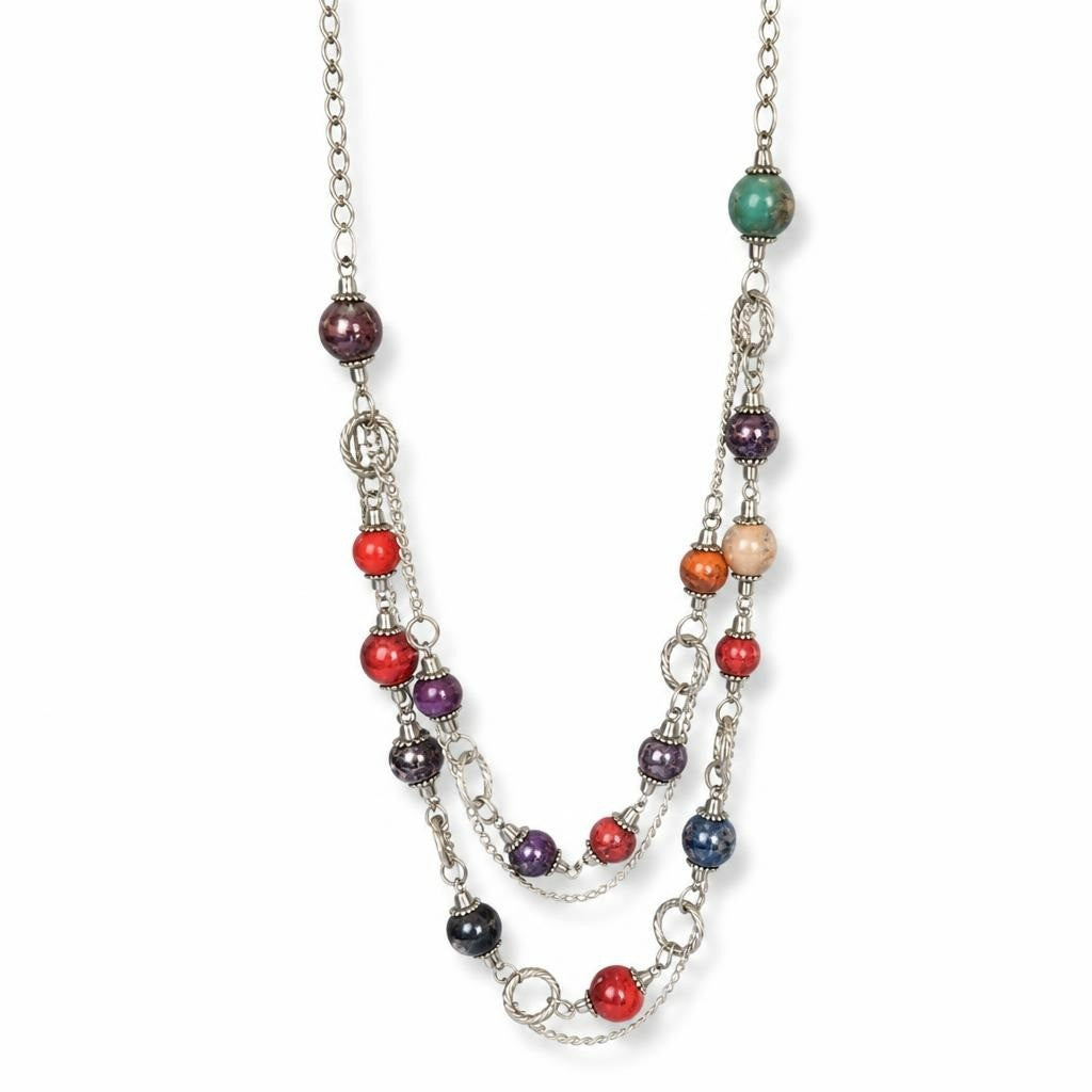 Silver multi-strand necklace multicolor large beads - white studio shot, second-hand at Why Go Less, Dekwaneh, Lebanon