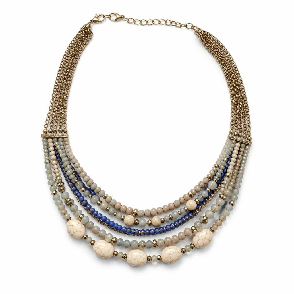 Gold multi-strand bib necklace white & grey beads - white studio shot, second-hand at Why Go Less, Dekwaneh, Lebanon
