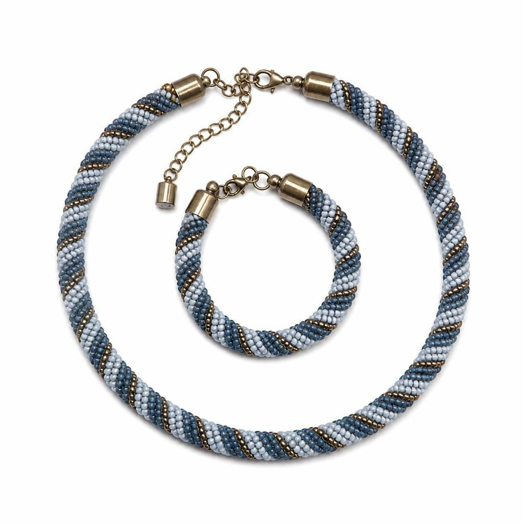 Beaded rope necklace & bracelet set, blue/teal - white studio shot, second-hand at Why Go Less, Dekwaneh, Lebanon
