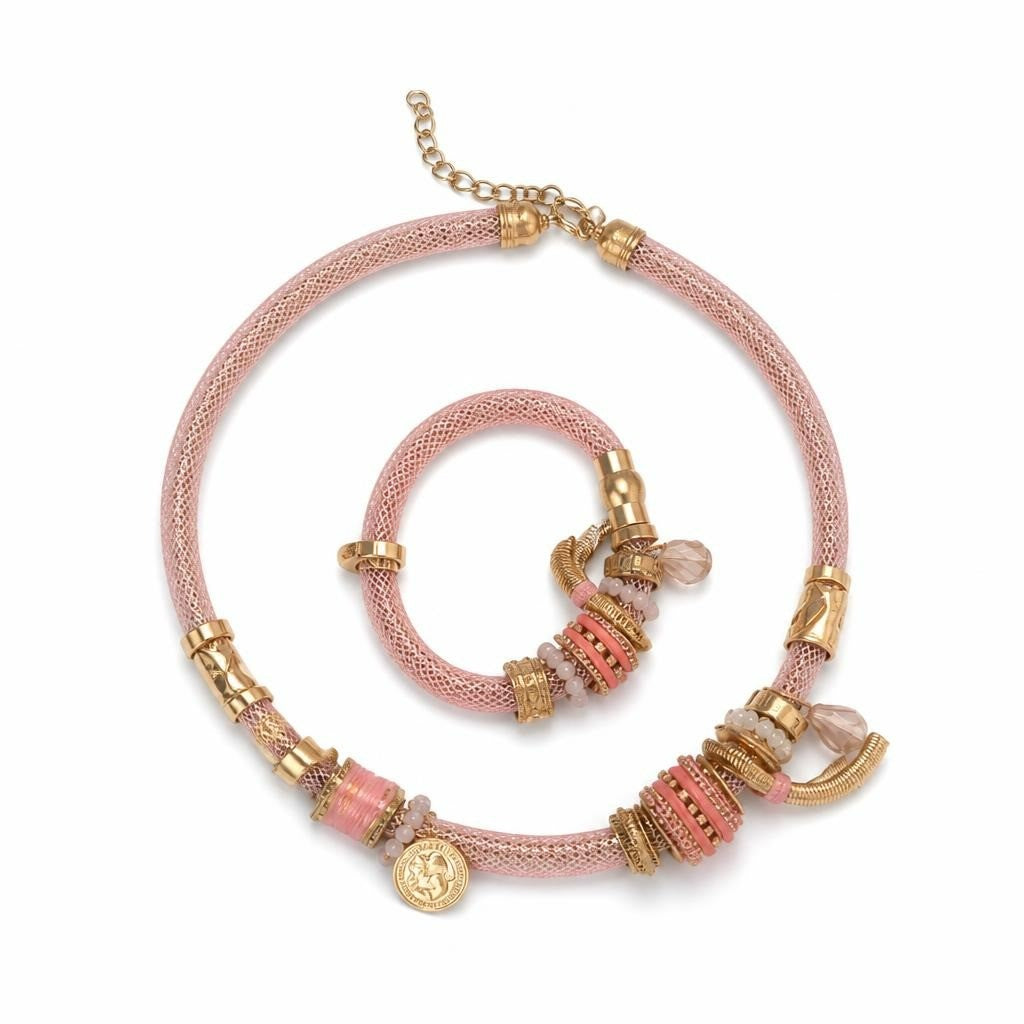 Pink mesh rope necklace & bracelet set, gold - white studio shot, second-hand at Why Go Less, Dekwaneh, Lebanon