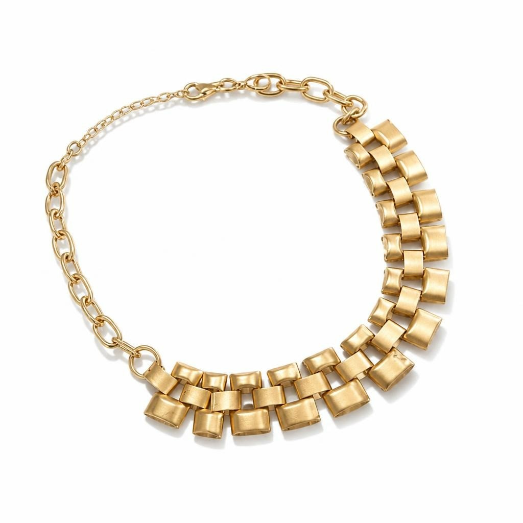 Gold-tone chunky square-link statement necklace - white studio shot, second-hand at Why Go Less, Dekwaneh, Lebanon