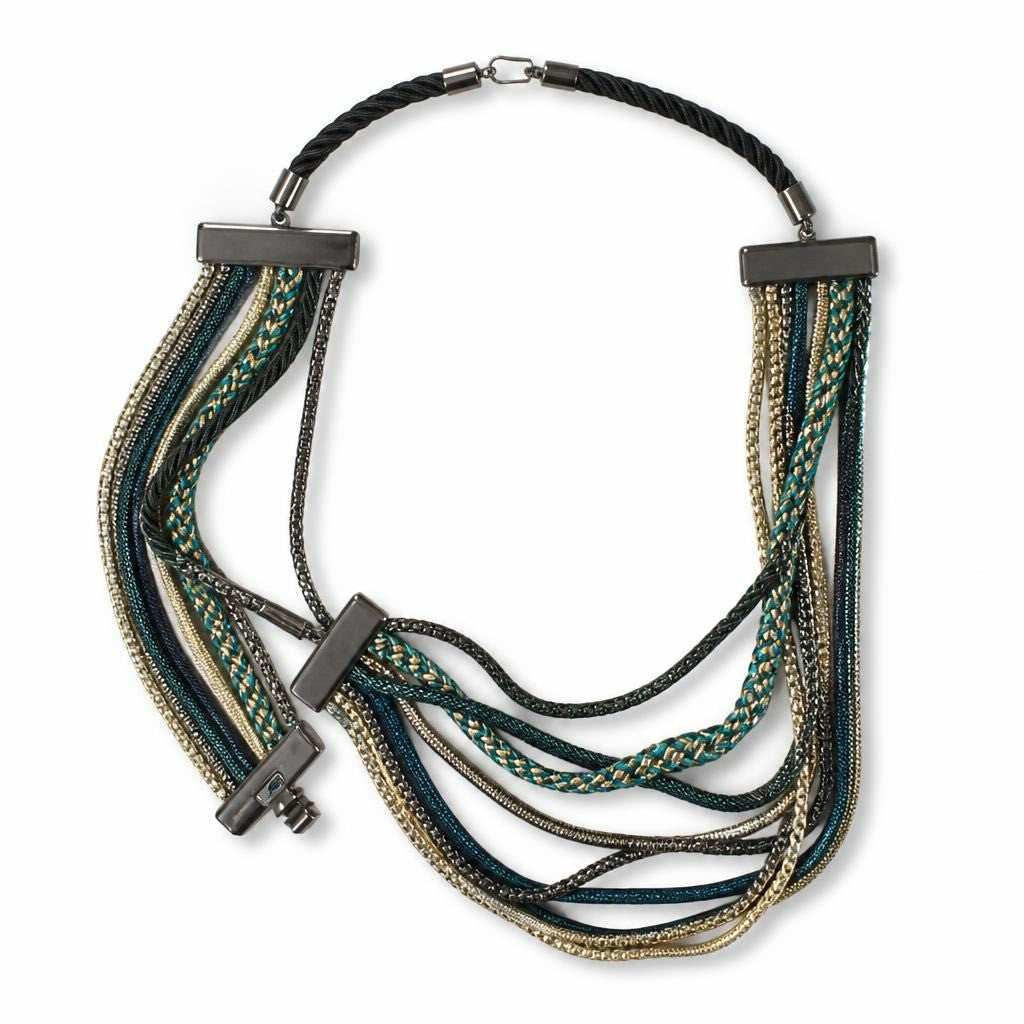 Multi-strand rope & chain necklace, teal/black - white studio shot, second-hand at Why Go Less, Dekwaneh, Lebanon