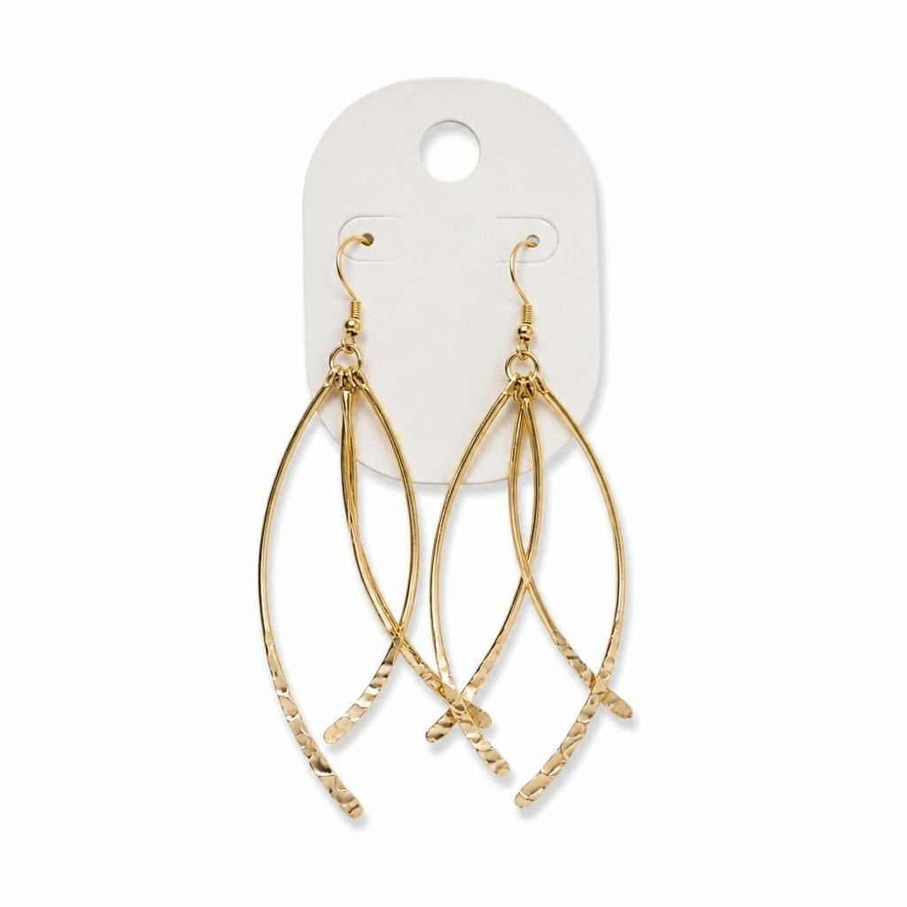 Gold-tone twisted wire drop earrings, on sale card - white studio shot, second-hand at Why Go Less, Dekwaneh, Lebanon