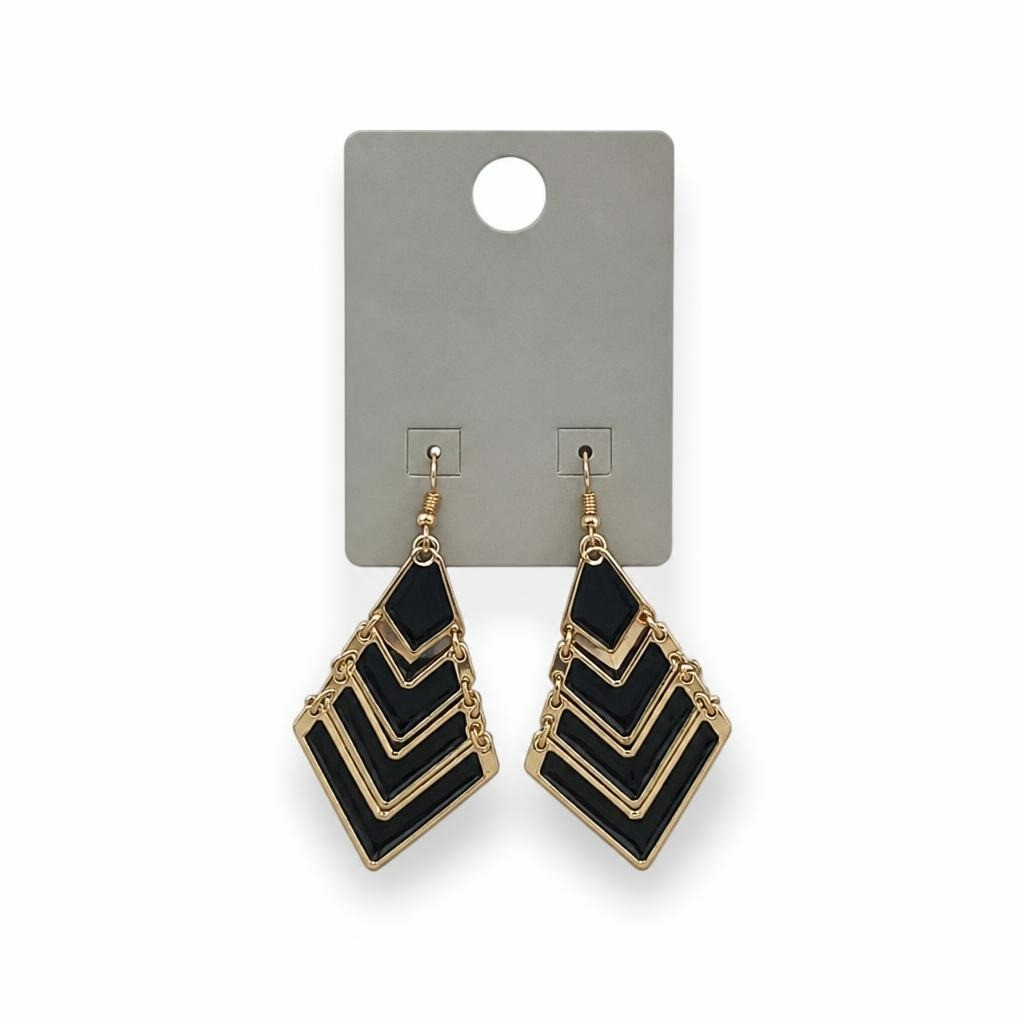 Jennyfer black and gold geometric drop earrings - white studio shot, second-hand at Why Go Less, Dekwaneh, Lebanon