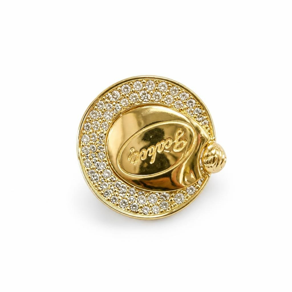 Gold-tone Cartier-style logo cocktail ring with crystals - white studio shot, second-hand at Why Go Less, Dekwaneh, Lebanon