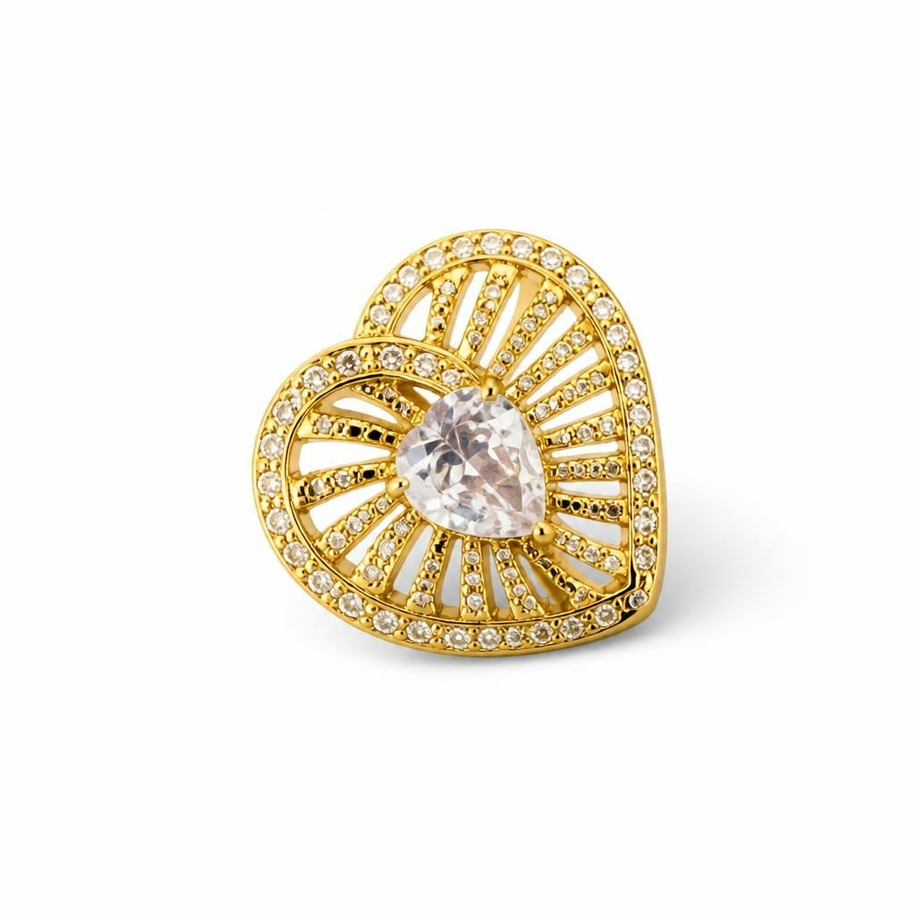 Gold-tone heart cocktail ring with clear CZ stone - white studio shot, second-hand at Why Go Less, Dekwaneh, Lebanon