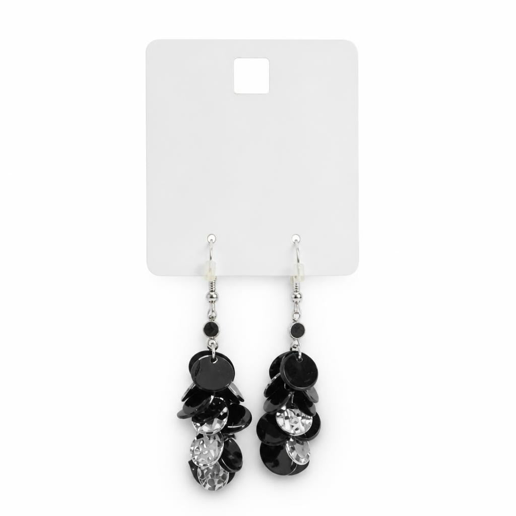Black cluster dangle earrings, silver hooks, new w/tags - white studio shot, second-hand at Why Go Less, Dekwaneh, Lebanon