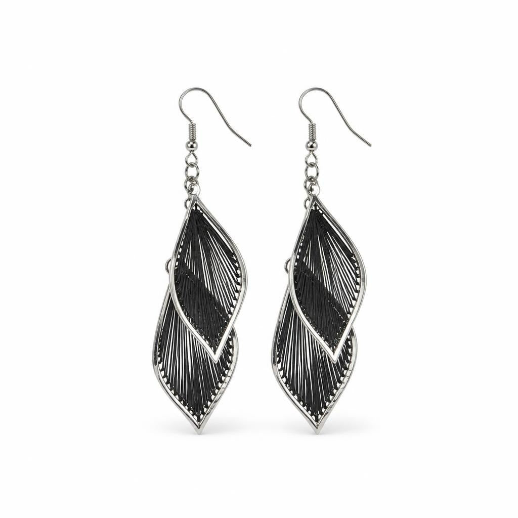 Silver leaf thread dangle earrings, new with tags - white studio shot, second-hand at Why Go Less, Dekwaneh, Lebanon