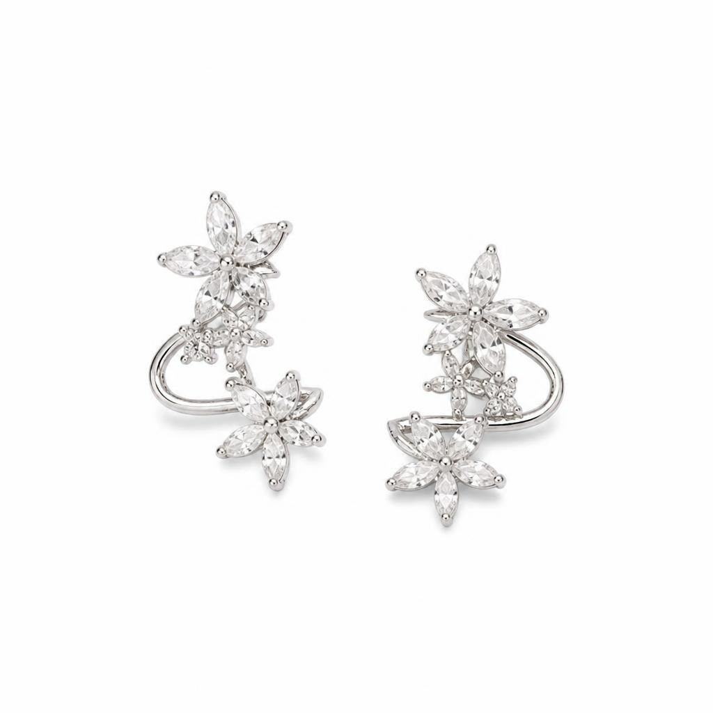Crystal Flower Ear Cuff Earrings Silver Pair - white studio shot, second-hand at Why Go Less, Dekwaneh, Lebanon