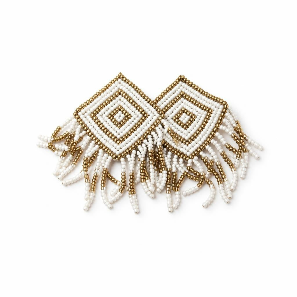 Pannee beaded fringe earrings white gold diamond - white studio shot, second-hand at Why Go Less, Dekwaneh, Lebanon