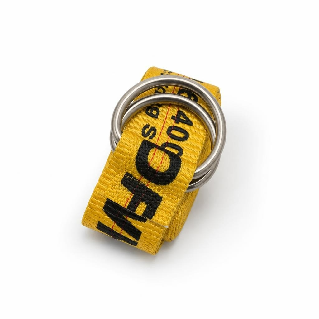 Off-White yellow industrial D-ring belt - white studio shot, second-hand at Why Go Less, Dekwaneh, Lebanon
