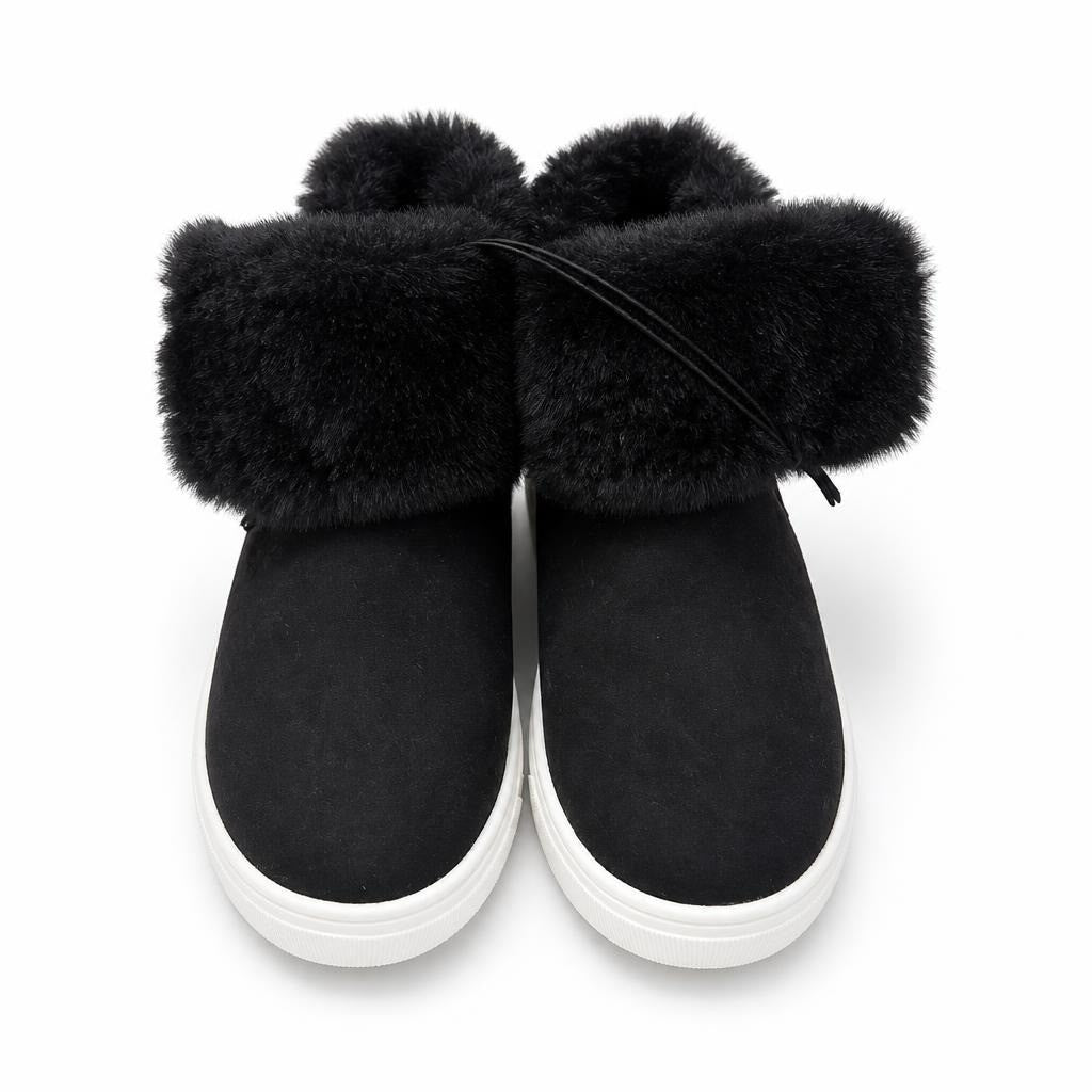 Black Fur Slip-On Shoes - white studio shot, second-hand at Why Go Less, Dekwaneh, Lebanon