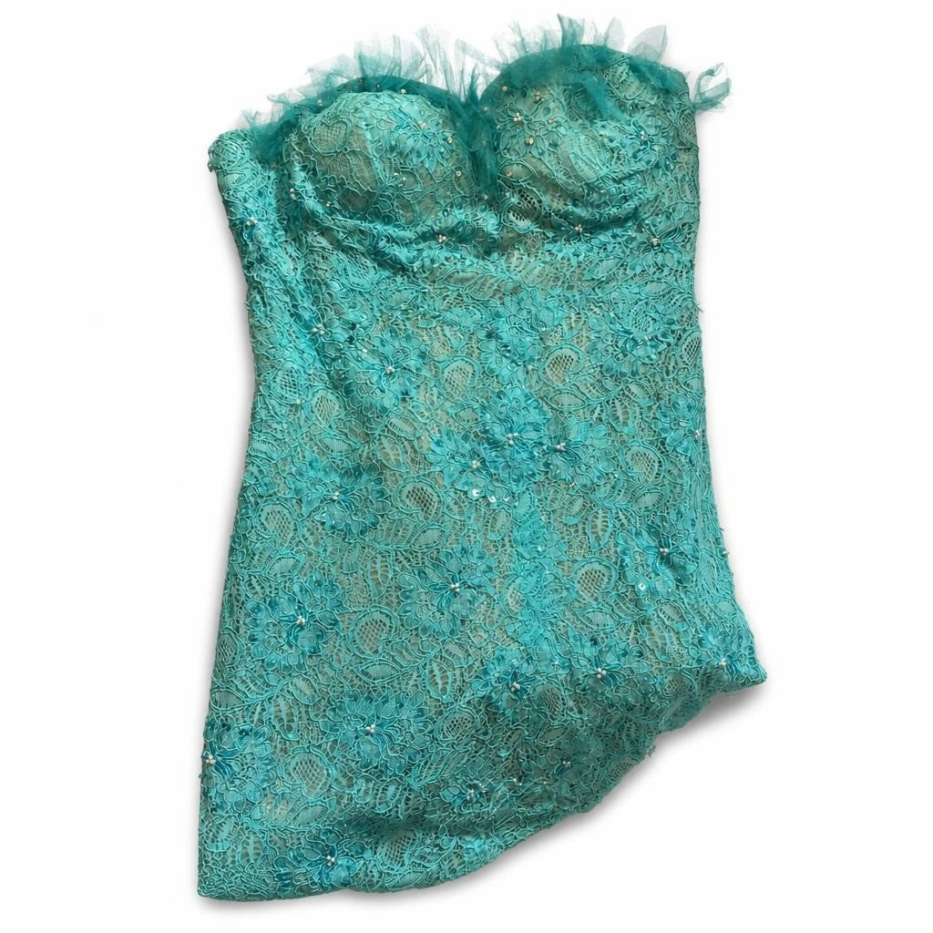 Turquoise Lace Dress - white studio shot, second-hand at Why Go Less, Dekwaneh, Lebanon