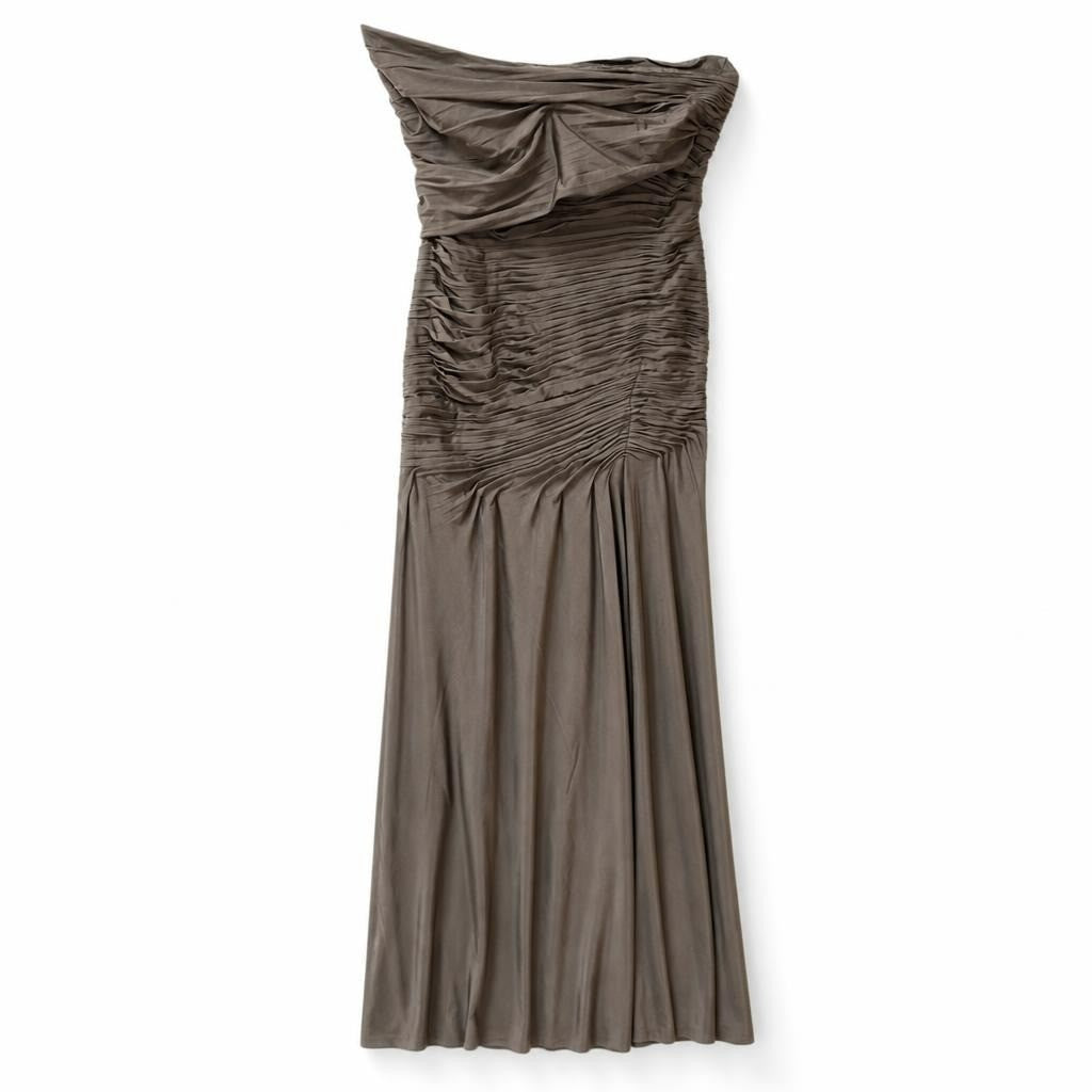 Brown Ruched Maxi Dress - white studio shot, second-hand at Why Go Less, Dekwaneh, Lebanon