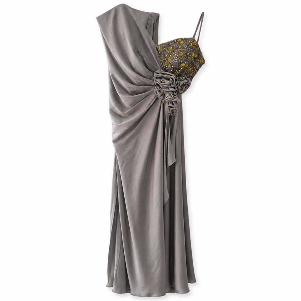 Taupe Draped Evening Dress - white studio shot, second-hand at Why Go Less, Dekwaneh, Lebanon