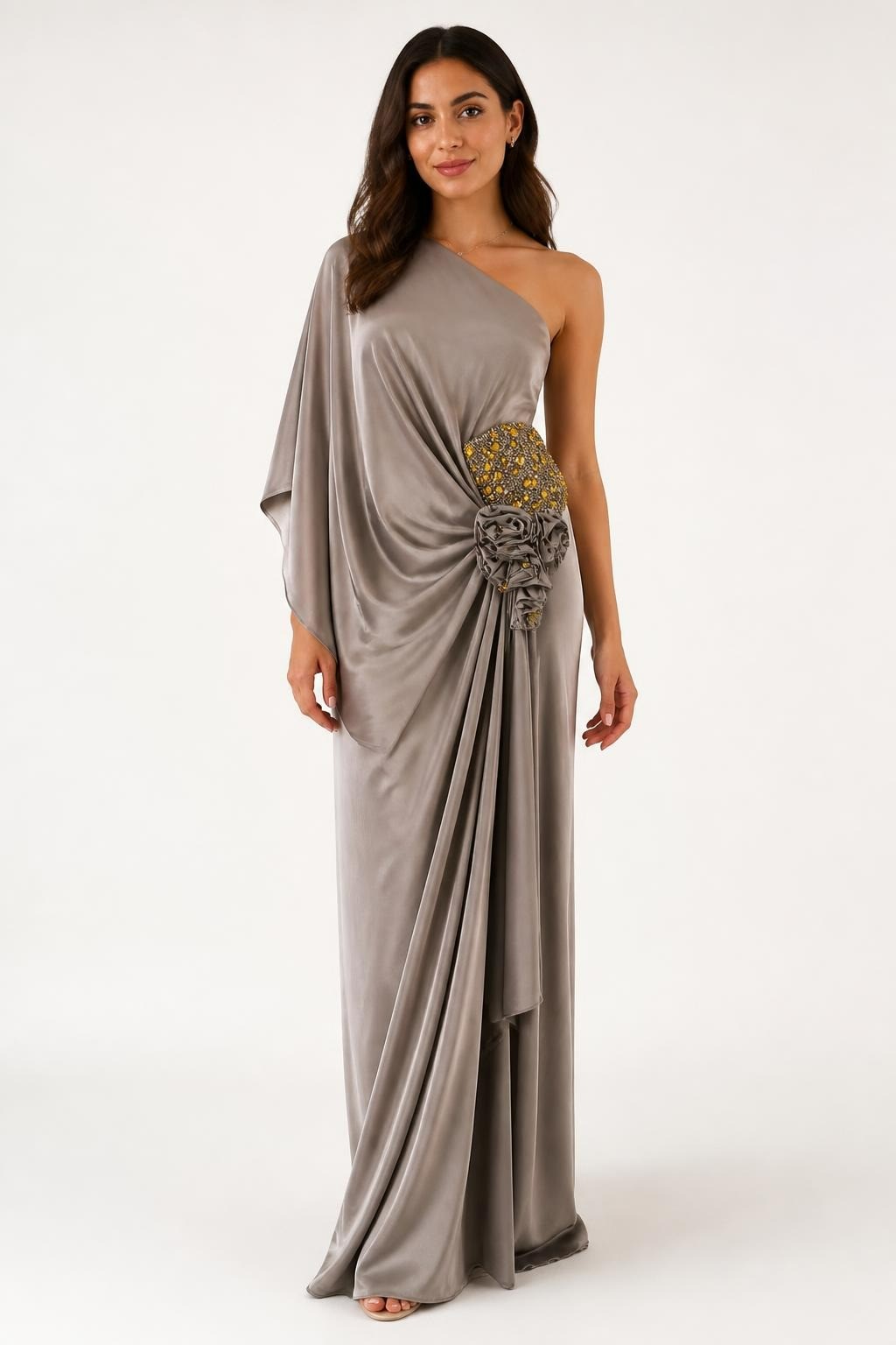 Taupe Draped Evening Dress | Pre-Loved | Why Go Less