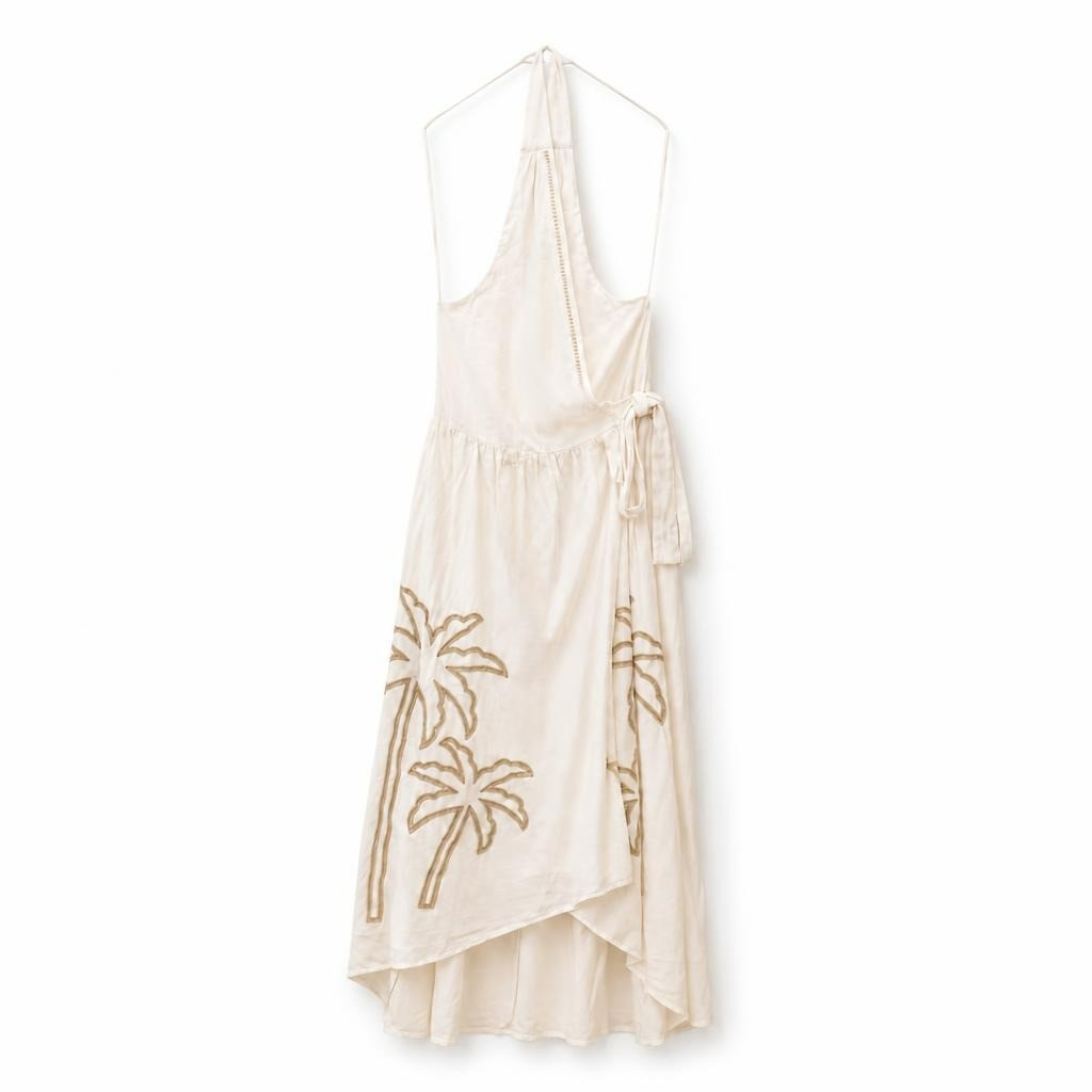 Vivid white halter wrap dress, palm embroidery, L - white studio shot, second-hand at Why Go Less, Dekwaneh, Lebanon