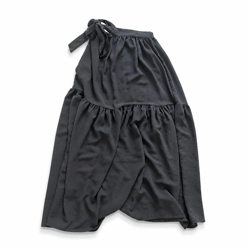 Key Couture tiered wrap maxi skirt, dark grey - white studio shot, second-hand at Why Go Less, Dekwaneh, Lebanon