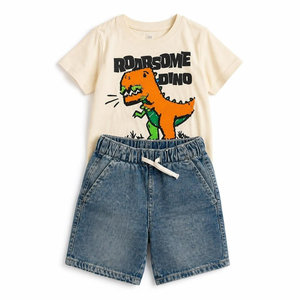 Kids Dino 'Roarsome' Tee & Denim Shorts Set NWT - white studio shot, second-hand at Why Go Less, Dekwaneh, Lebanon