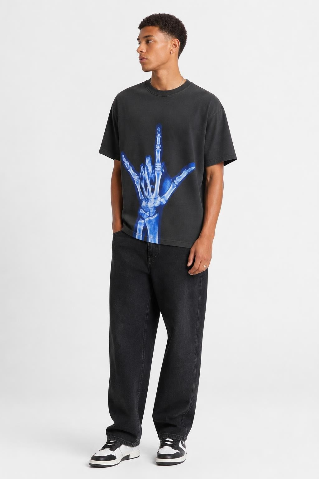 Carving graphic print black tee, skeleton hands | New | Why Go Less