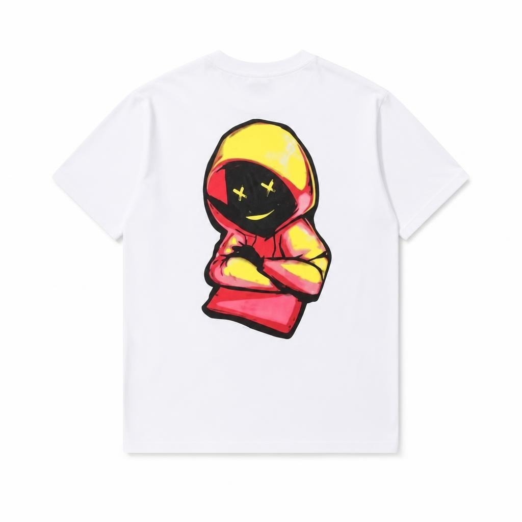 White graphic tee, hooded character back print | New | Why Go Less