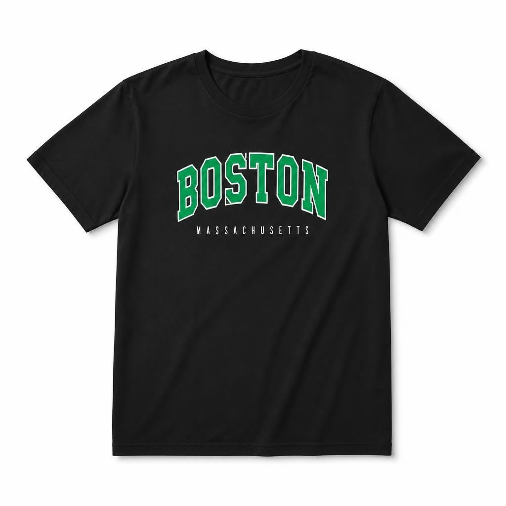 Boston University black crewneck t-shirt, green | New | Why Go Less-1