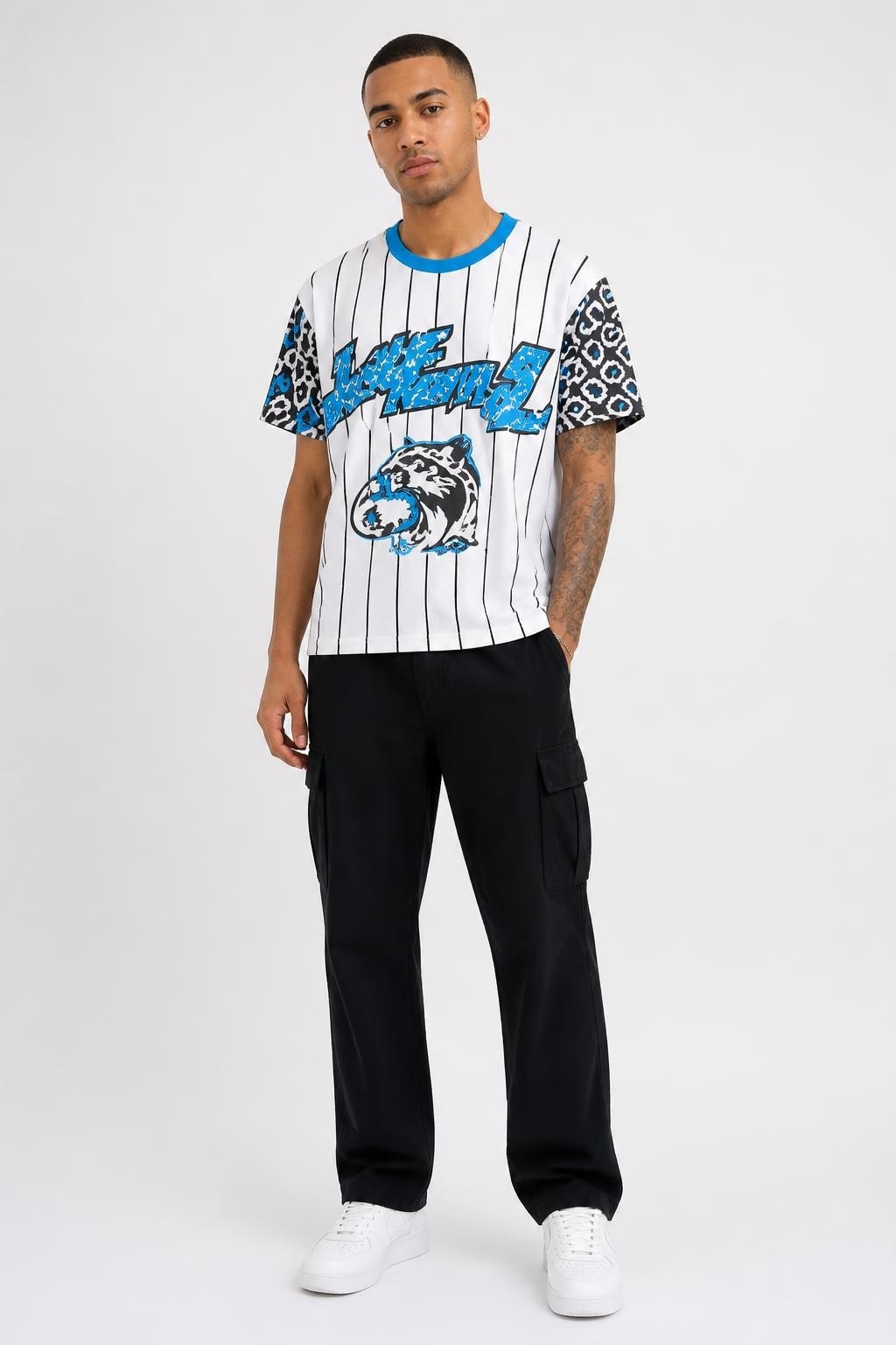 Striped baseball jersey, leopard print detail | New | Why Go Less-1