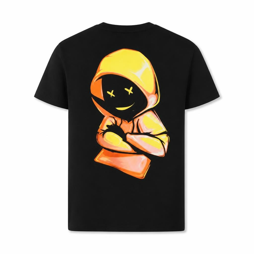 Black graphic t-shirt, hooded figure back print | New | Why Go Less