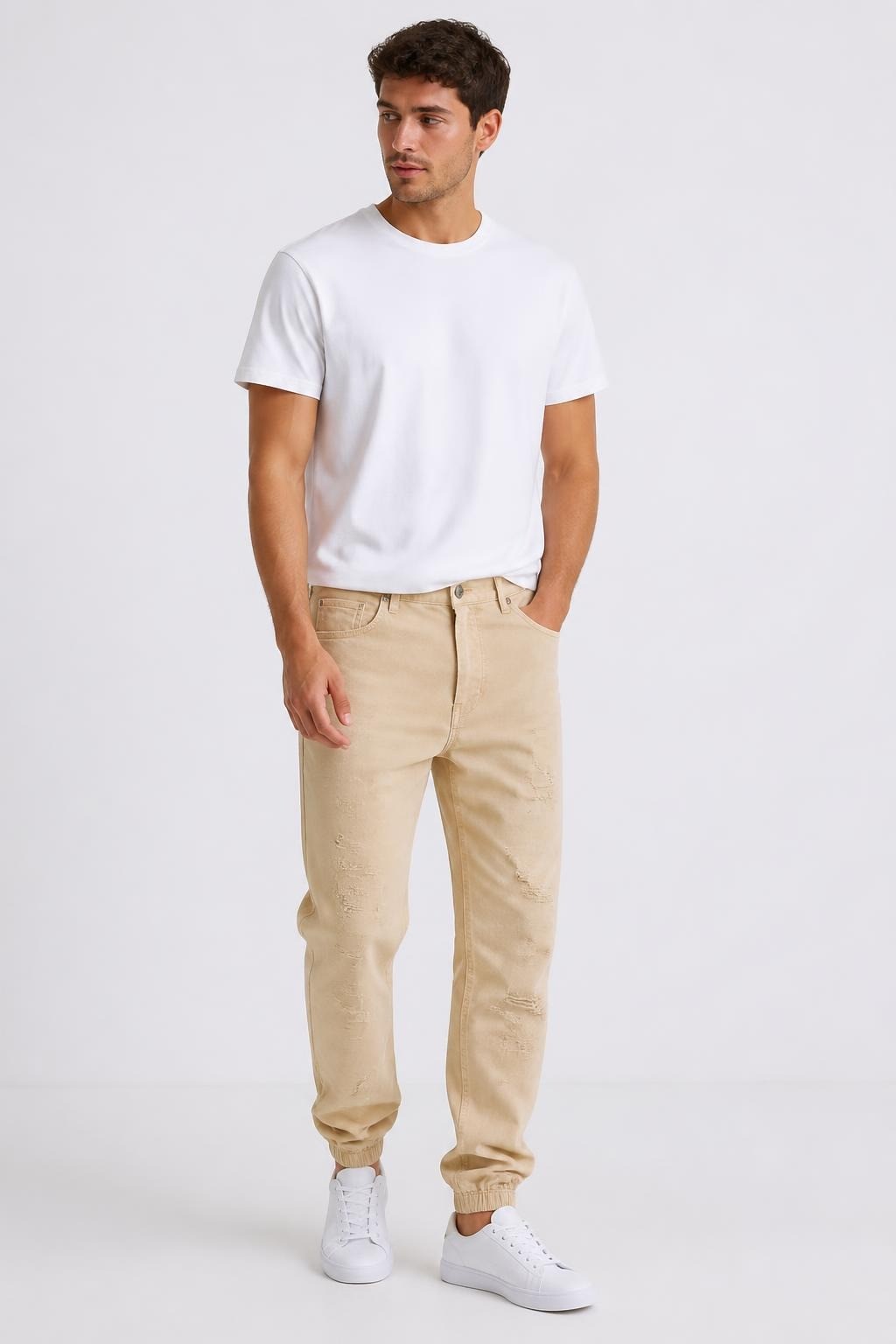 Beige distressed jogger pants, new with tags | New | Why Go Less