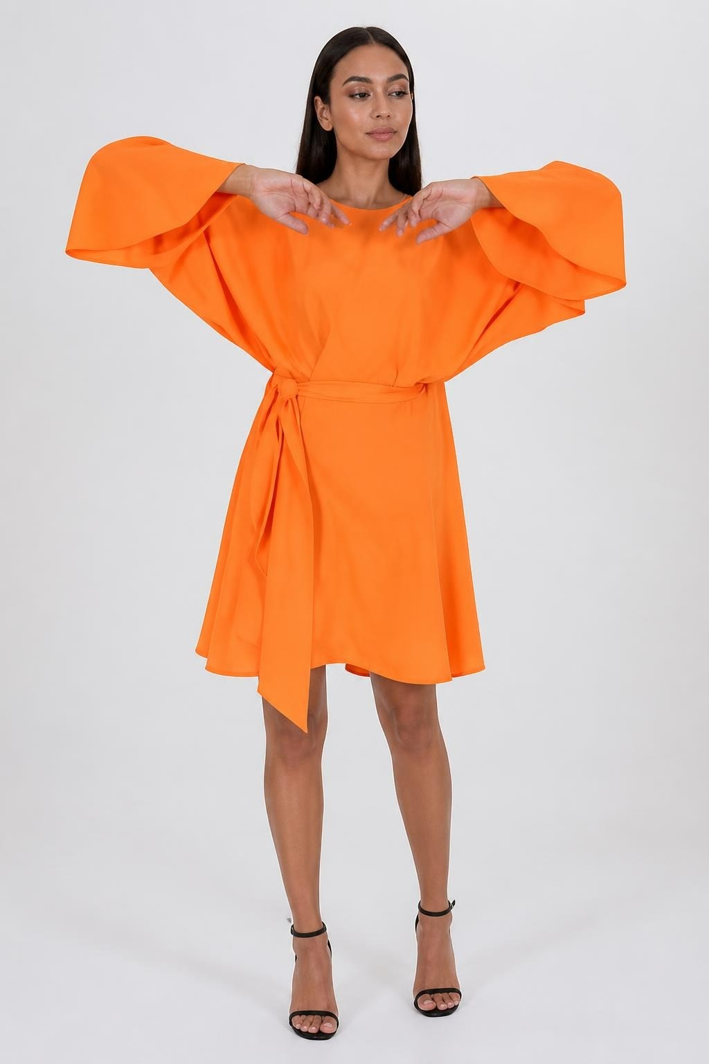 Orange wrap mini dress flared sleeves, S-M | New | Why Go Less
