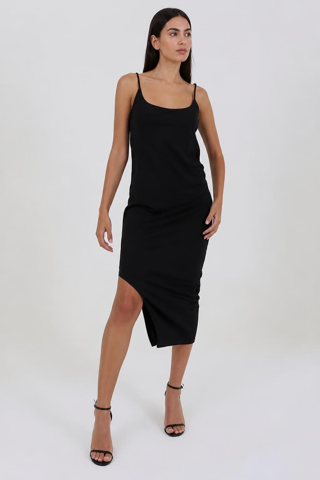 Black asymmetric midi slip dress chain straps, S | New | Why Go Less