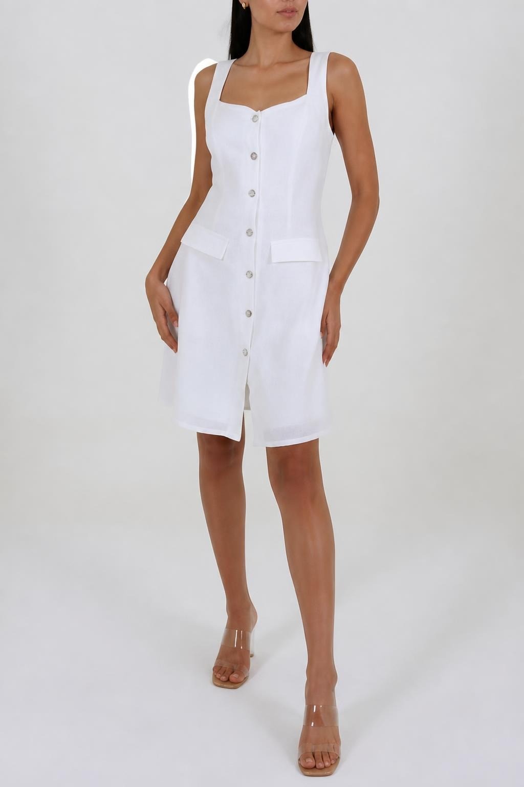 White linen button-front sleeveless mini dress | New | Why Go Less