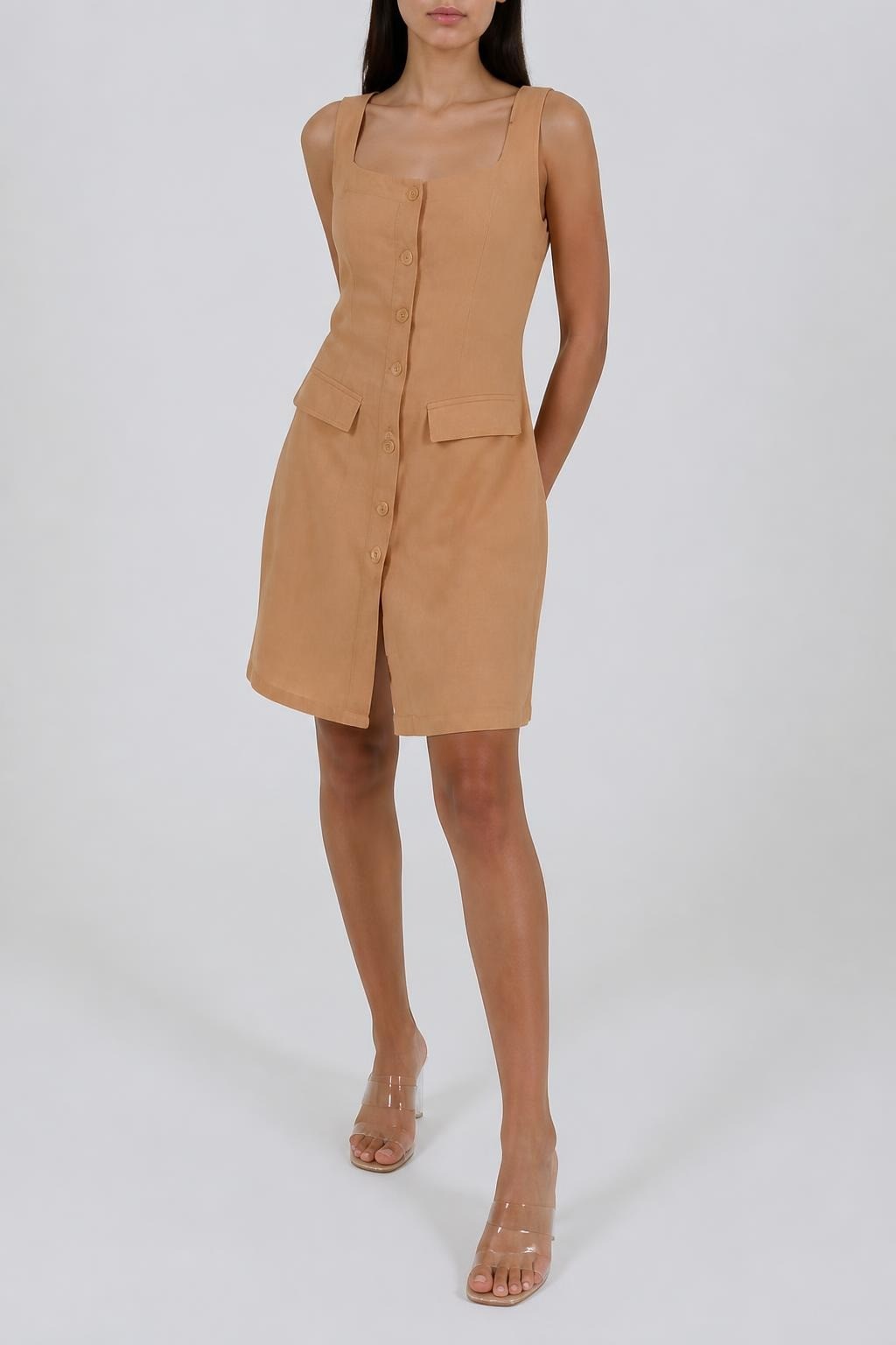 Camel linen button-front sleeveless mini dress | New | Why Go Less
