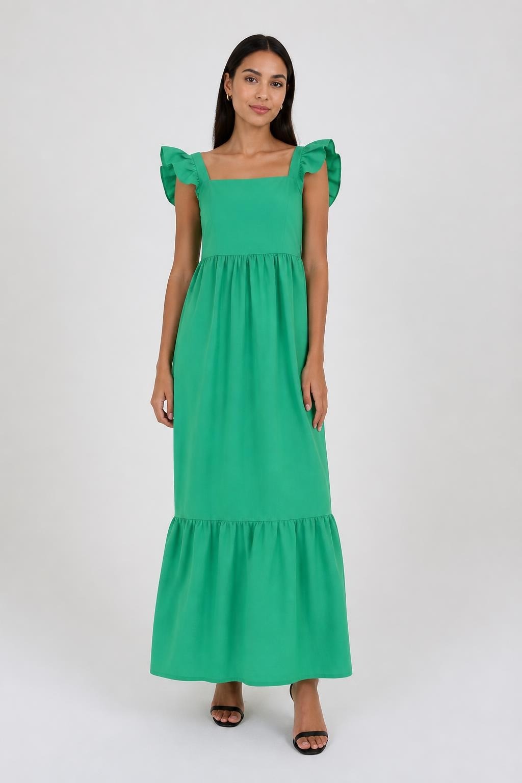 Ruffle strap square neck green maxi dress | New | Why Go Less