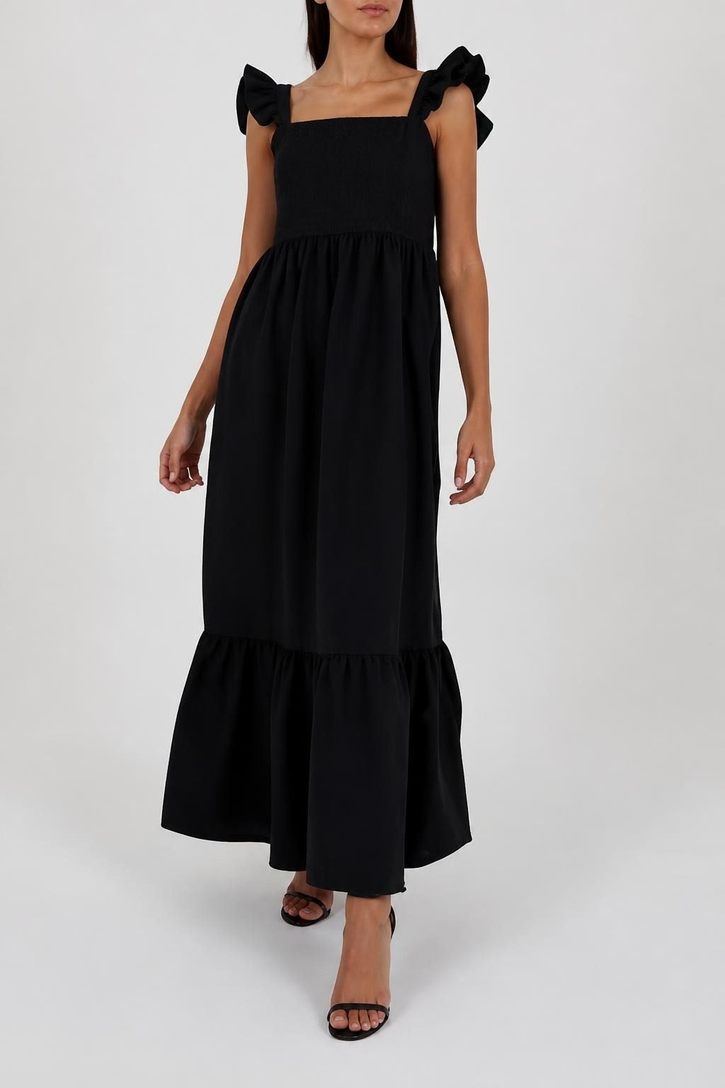 Ruffle strap square neck black maxi dress | New | Why Go Less