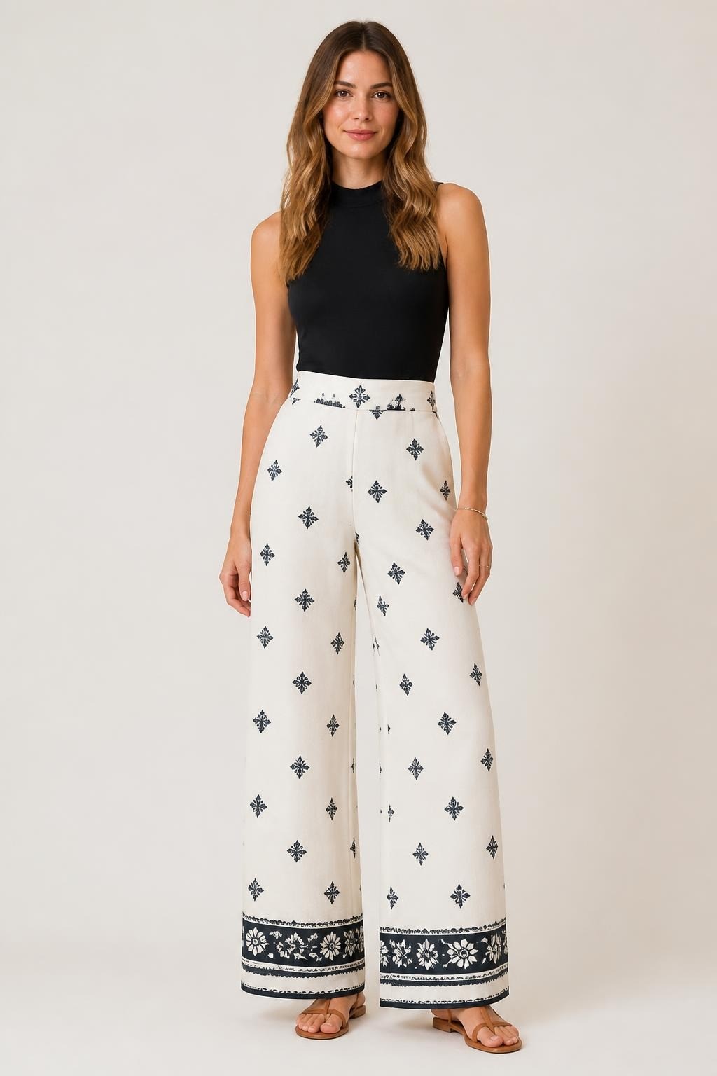 White embroidered wide-leg trousers with belt | New | Why Go Less
