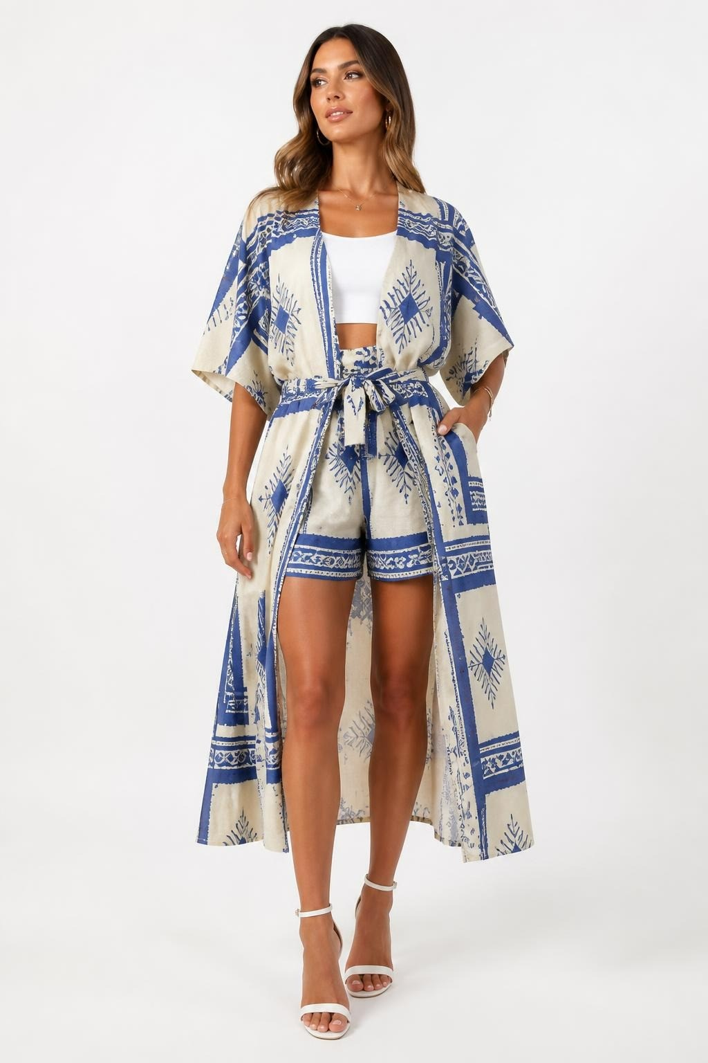 Beige blue geometric print kimono shorts set | New | Why Go Less