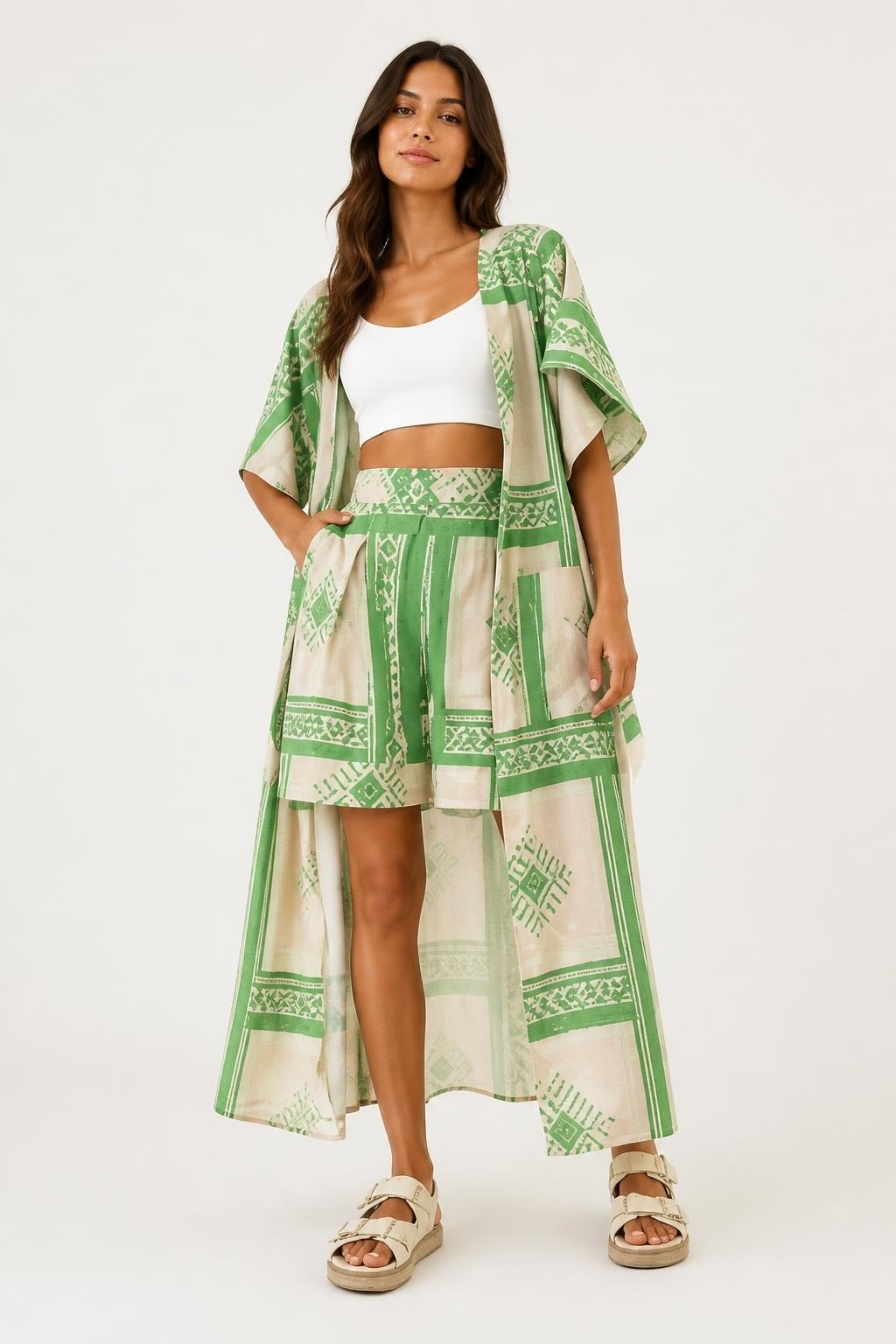 Beige & green geometric print kimono & shorts set | New | Why Go Less