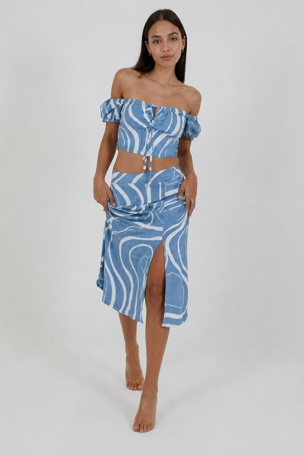 Blue swirl print off-shoulder crop top & midi skirt | New | Why Go Less