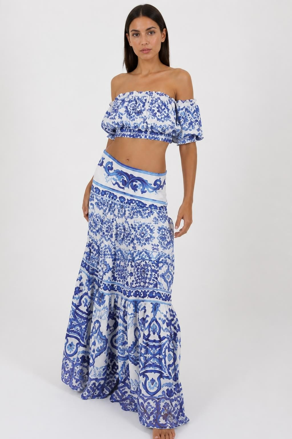Blue tile-print off-shoulder crop top & maxi skirt | New | Why Go Less