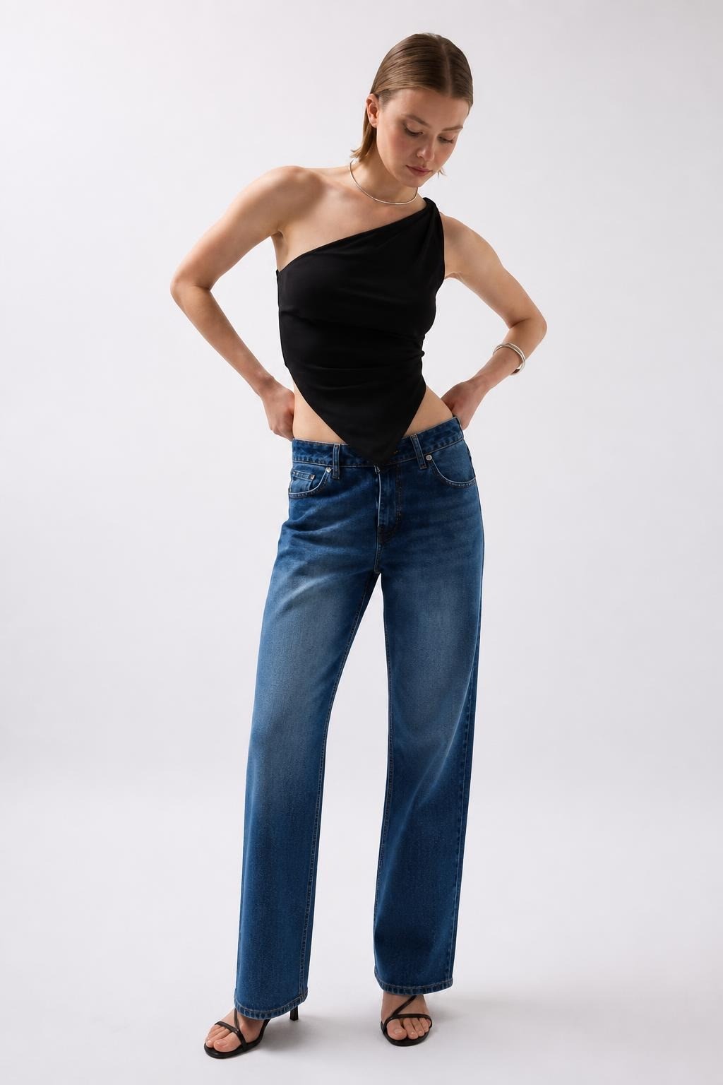 Black one-shoulder ruched bodysuit with blue jeans | New | Why Go Less