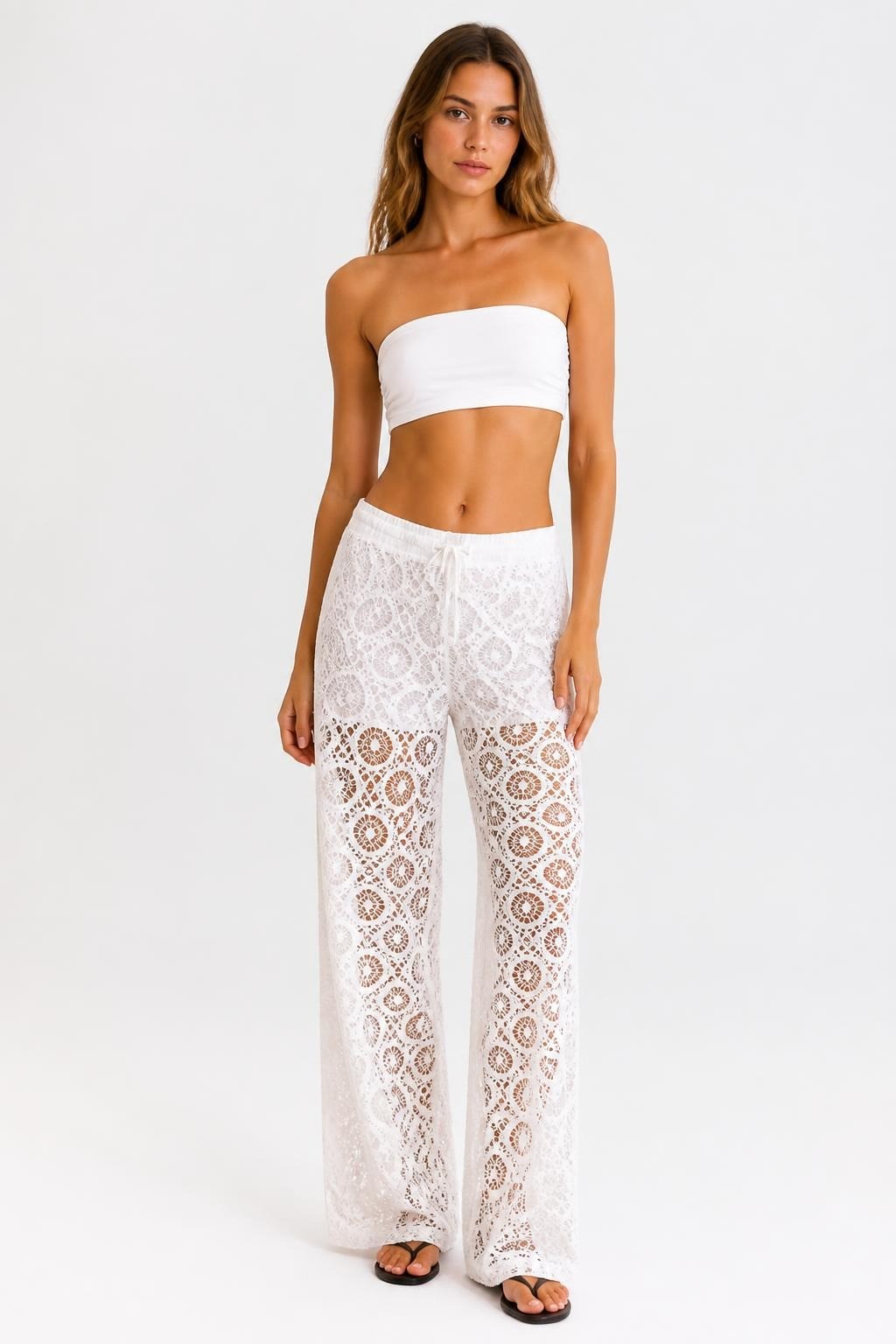 White lace wide-leg sheer trousers, drawstring waist | New | Why Go Less