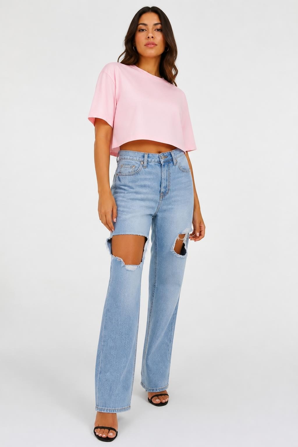 Pink Barbie crop tee & ripped light blue jeans set | New | Why Go Less-1