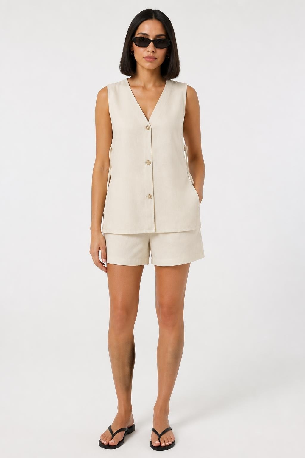 Beige linen button-front vest & shorts co-ord set | New | Why Go Less-1