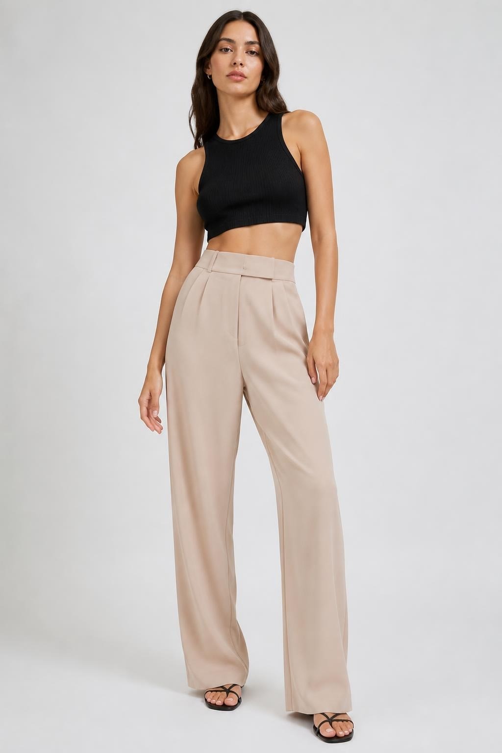 Beige high-waist wide-leg tailored trousers | New | Why Go Less